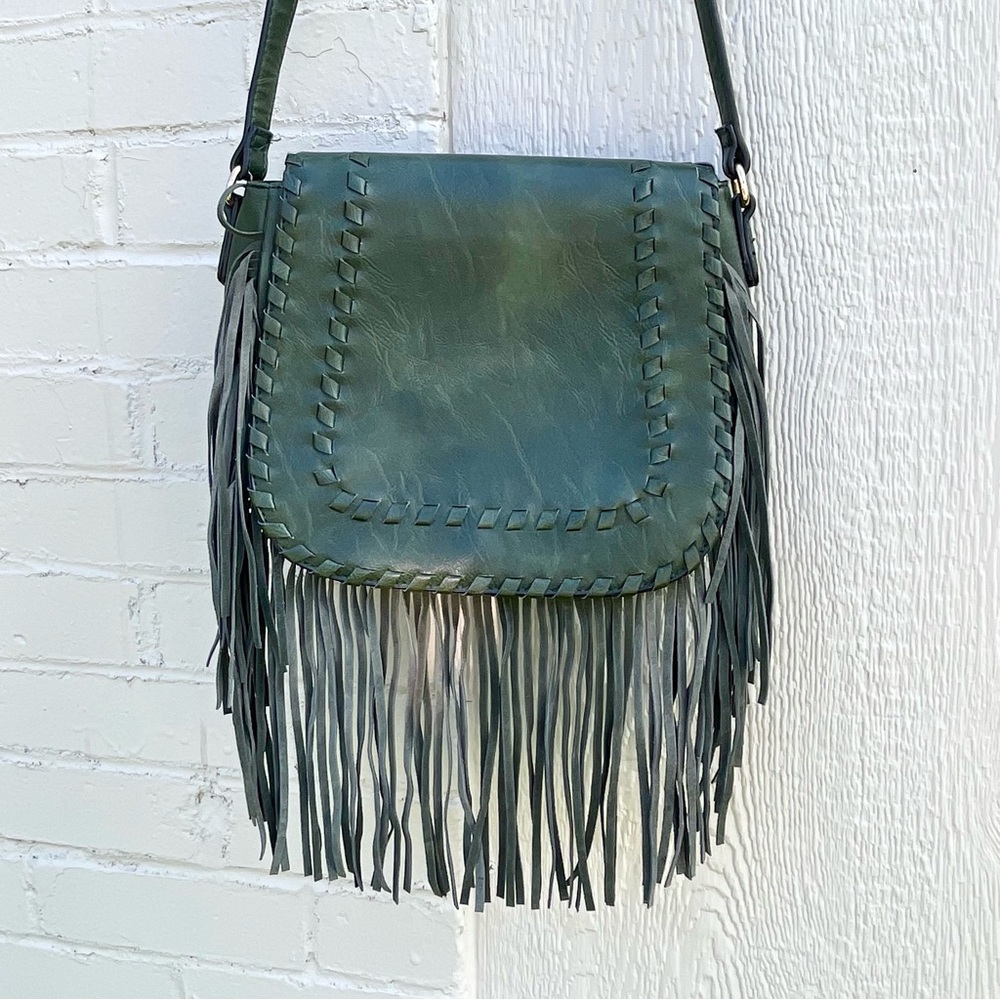 Fringed Leather Crossbody Bag - Green